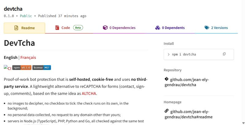 La fiche du paquet devtcha sur npm